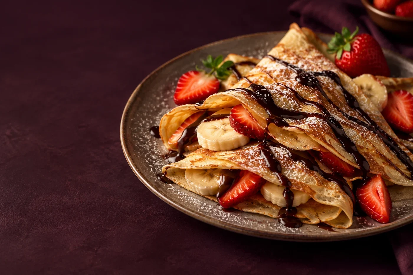 Strawberry and chocolate crepes featured on the Sweettaz Events website